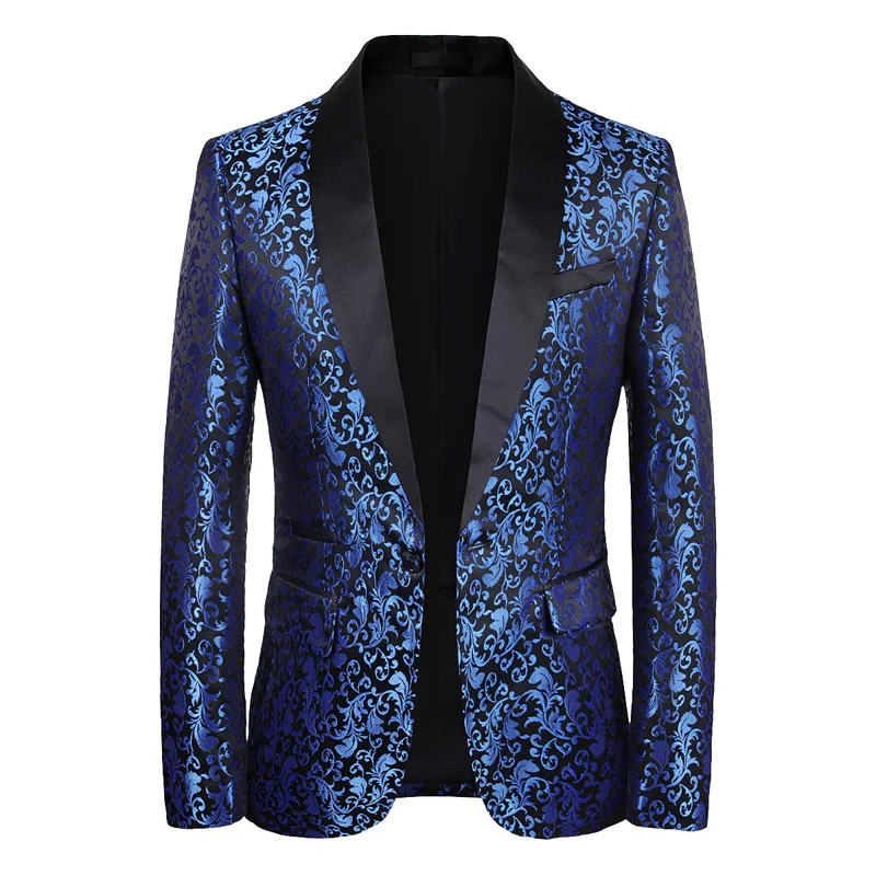 

Luxury Royal Blue Floral Blazer Suit Jacket Mens Shawl Laple One Button Dinner Party Stage Wedding Stylish Tuxedo Blazers Hombre