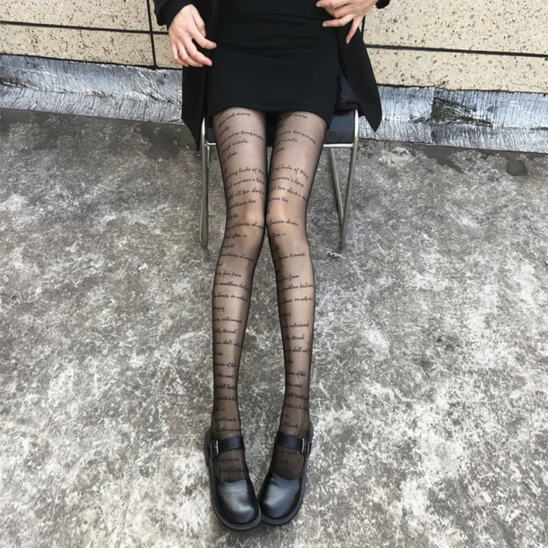 

Vintage Letters Print Sheer Pantyhose for Women Clubwear Summer Sexy See Through Crotch Opening Tights Stockings Hosiery