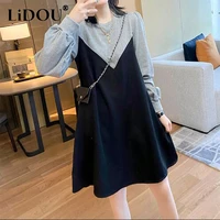 spring autumn fashion fake two pieces patchwork loose casual midi dresses ladies long sleeve comfortable sweet dress women robe