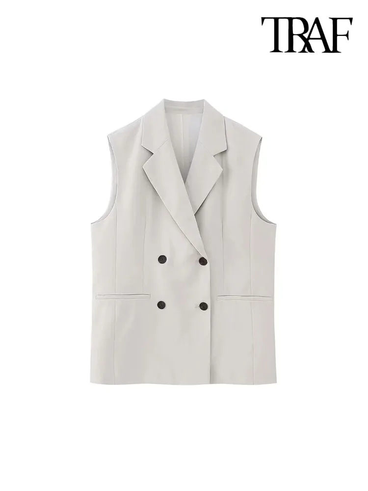 

TRAF Women Fashion Double Breasted Crossover Waistcoat Vintage Lapel Collar Sleeveless Female Outerwear Chic Vest Tops