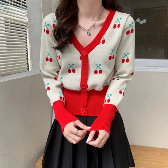 

Lady Woman Knit Cherry Cardigans Sweaters V-Neck Long Sleeve Fungus Tops Knitwear Women's Sweater Cardigan Coat Cloth Suéter
