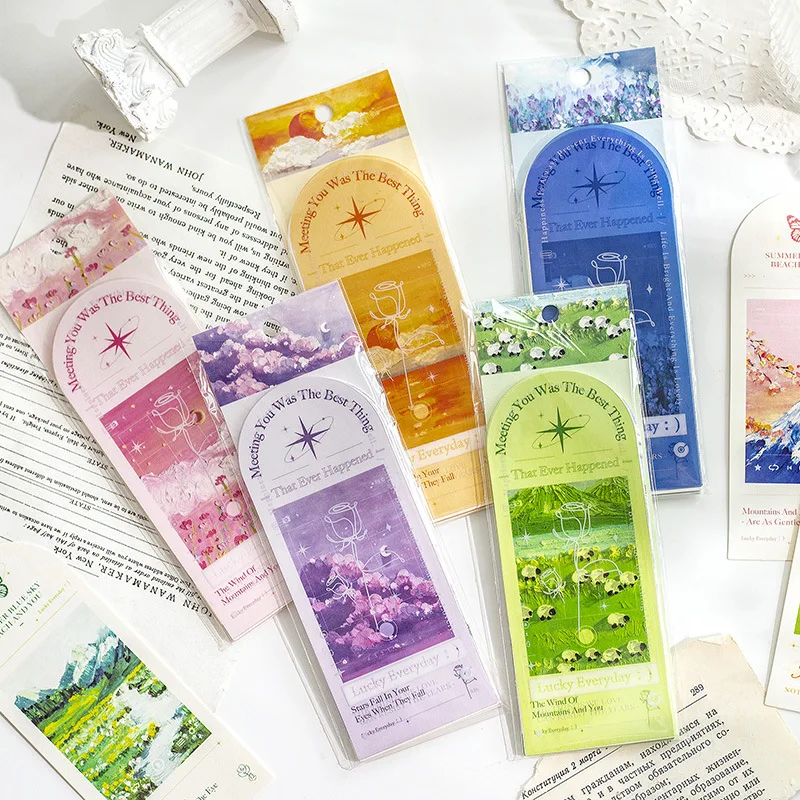 

10pcs/pack Happiness Is Always Present Colorful Painting View Romantic Series PVC+Paper Bookmarks 3D Printing