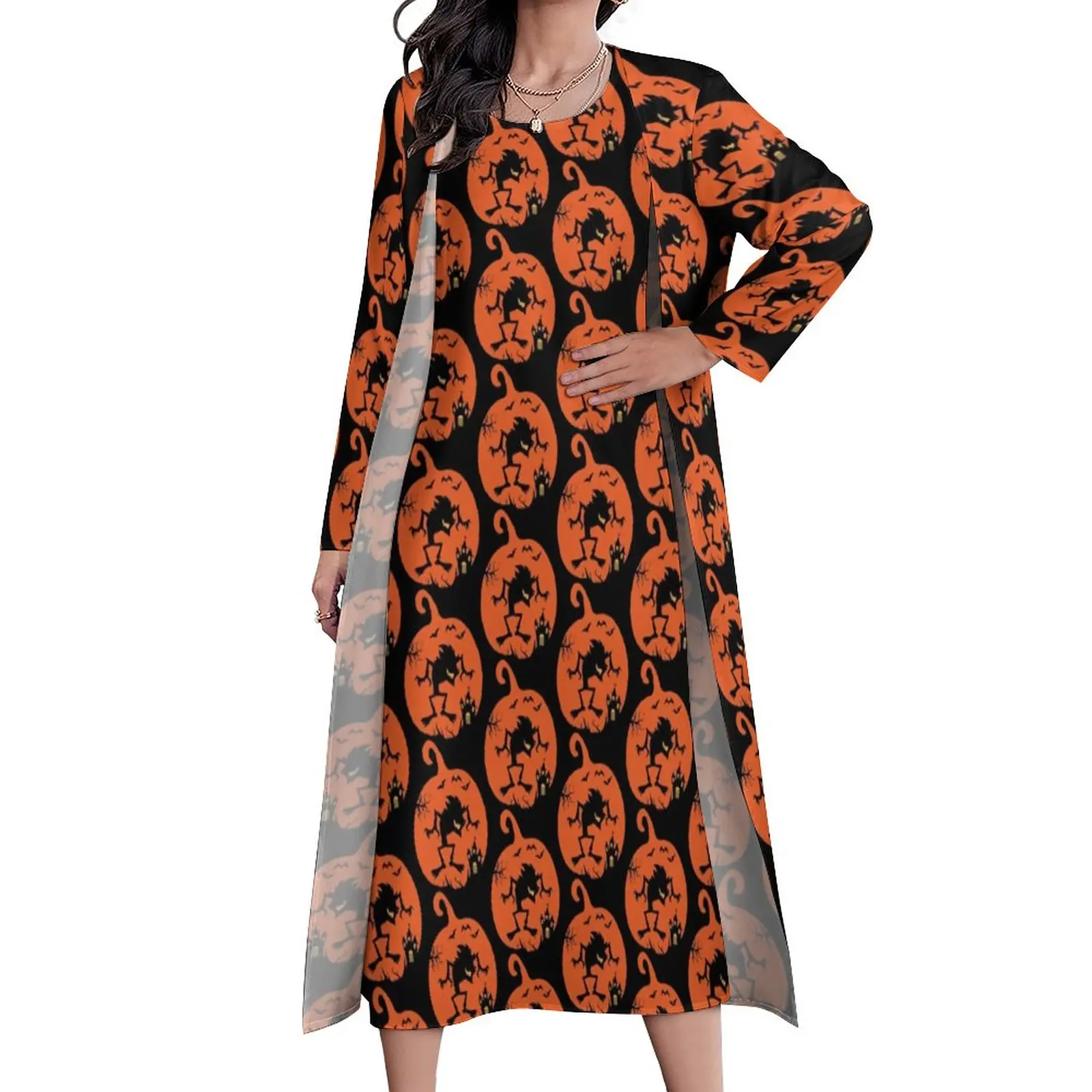 

Halloween Wolf Dress Animal Print Kawaii Maxi Dress Korean Fashion Bohemia Long Dresses Long Sleeve Custom Oversized Clothing