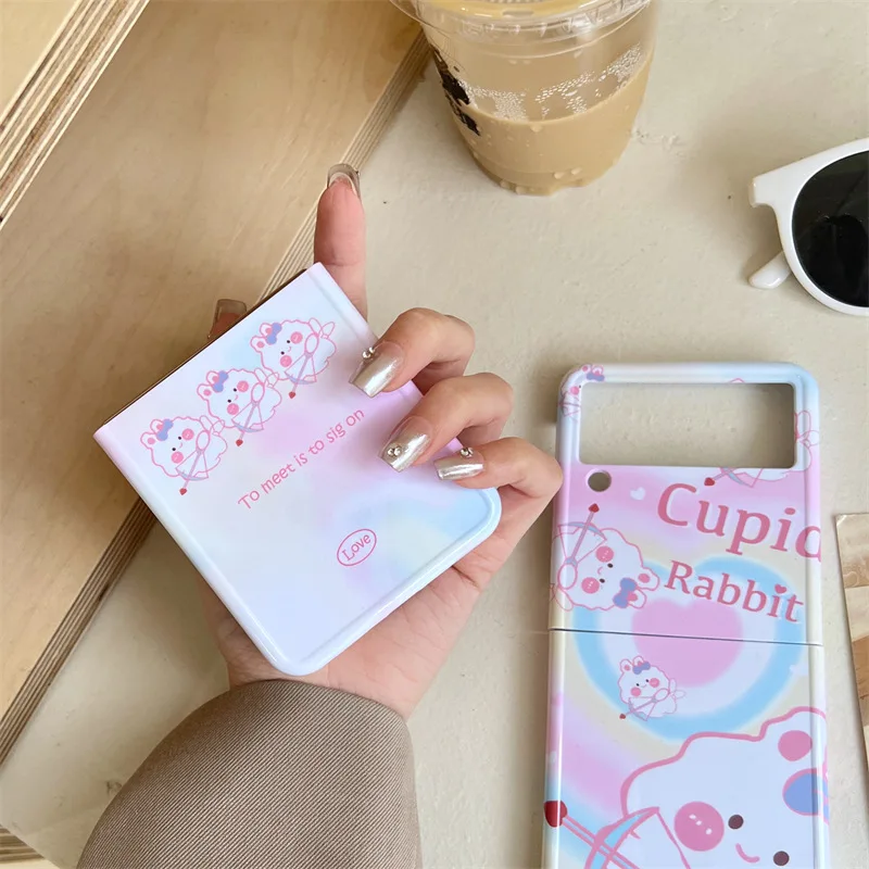 Cartoon Cute Cupid Rabbit Mobile Phone Case for Samsung Galaxy Z Flip 4 3 Hard Cover for ZFlip3 Zflip4 Solid Shell Bracket