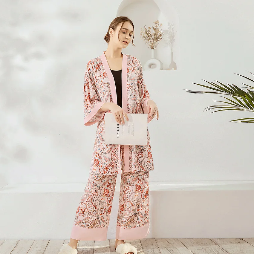 

Женский кардиган с цветочным принтом, топы для сна с широкими штанинами, длинные брюки, женский домашний костюм, хлопковая одежда для сна, Же...