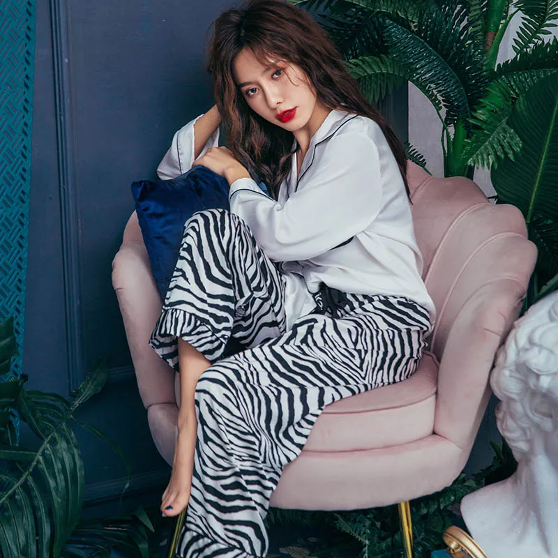 Tulin Fashion Zebra Print Women's Pajamas Women Suits 2 Pieces Satin Sleepwear Female Homewear Long Sleeve Phoentin | Женская одежда