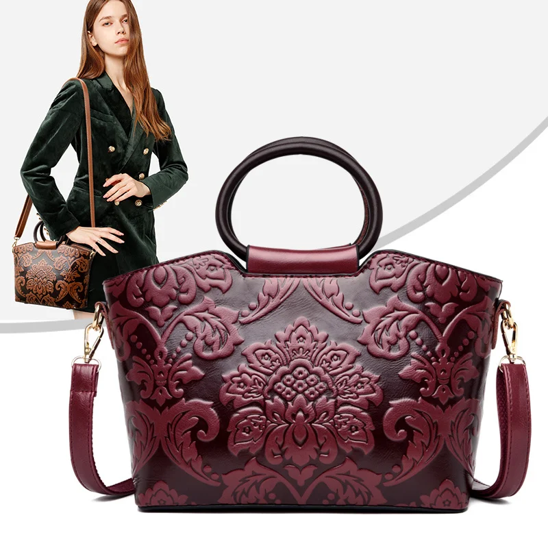 

National Style Flower Prints Women Leather Handbags Top Handle Tote Bags for Women Shoulder Bags Woman Handbags and Purses