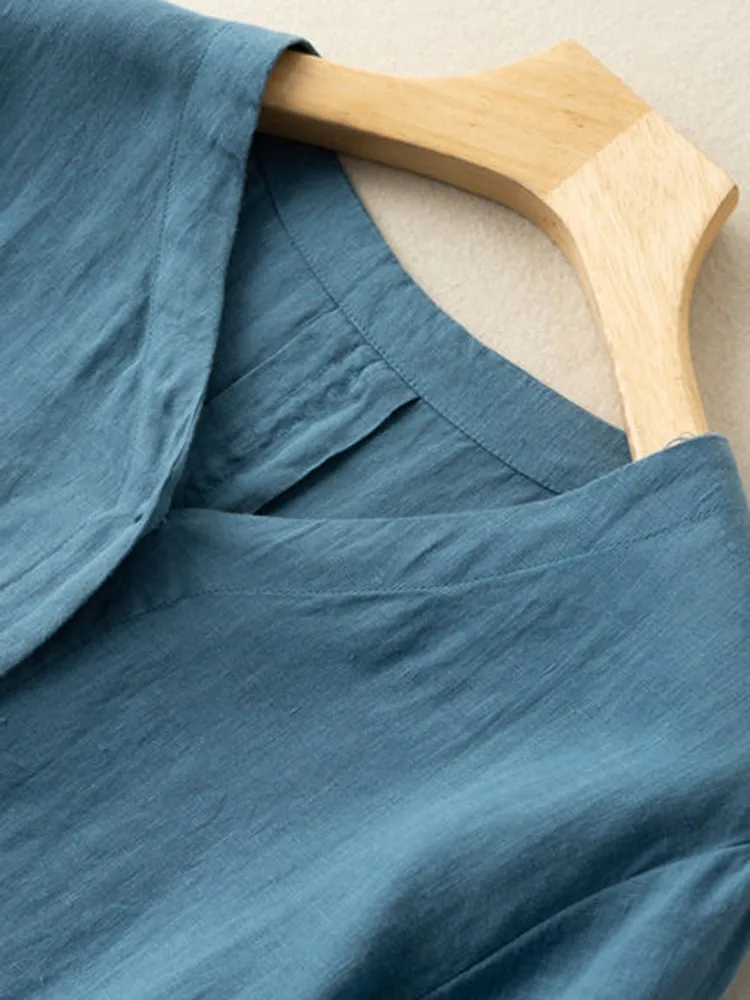 Рубашка женская хлопково-льняная с цветочной вышивкой повседневный Свободный