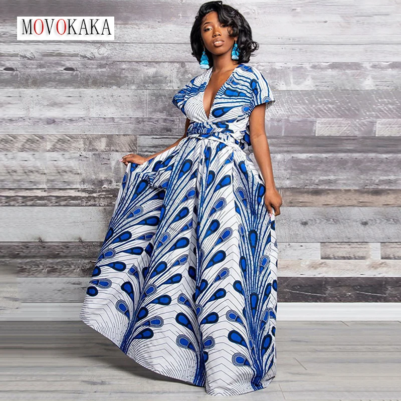 

MOVOKAKA Woman Indie Folk Sexy Long Dress Summer Casual Bandage Split Vestidos Feather Printing Variety Dressing Methods Dresses