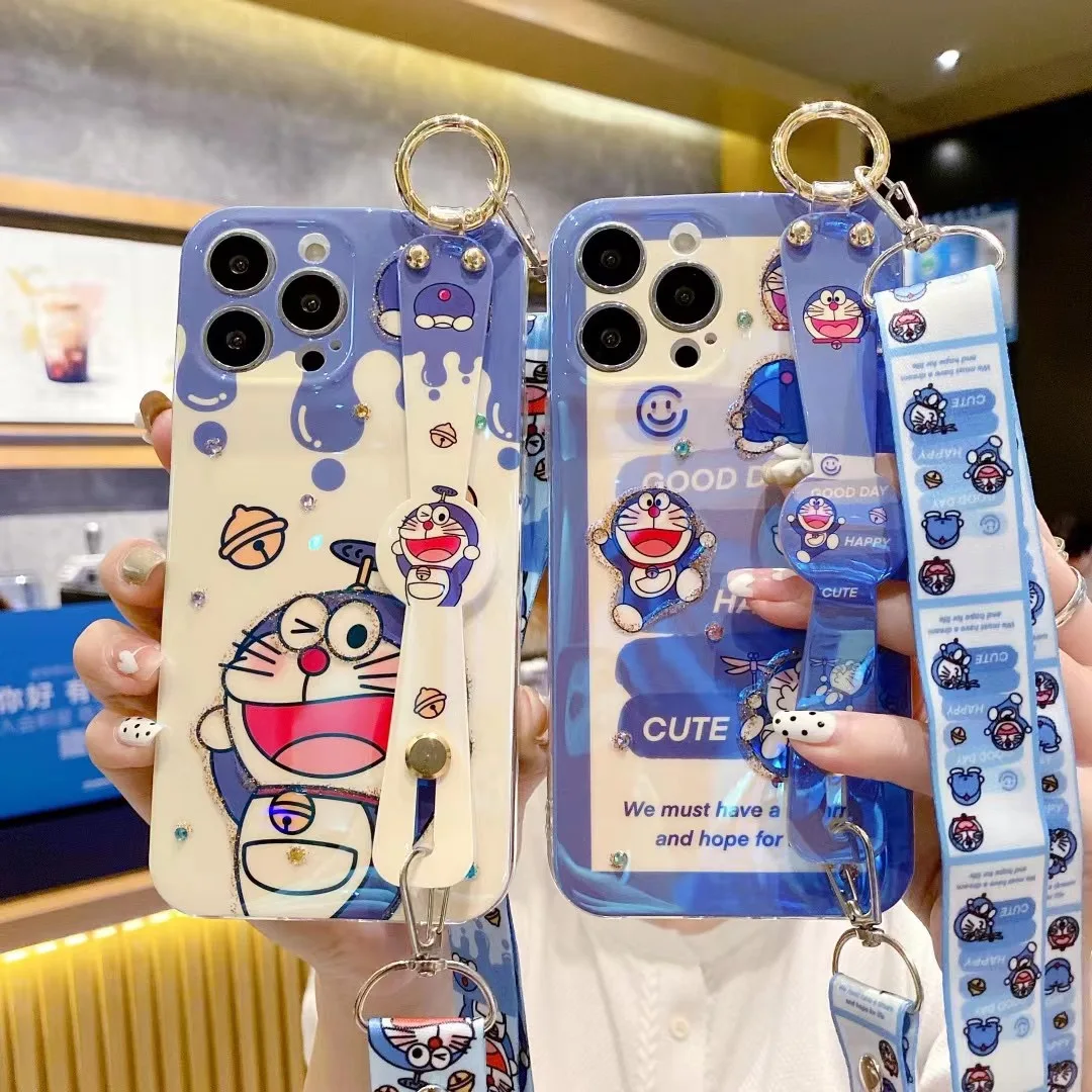 

Doraemon Blu-ray with wrist lanyard Phone Cases For iPhone 14 13 12 11 Pro Max XR XS MAX 8 X 7 Back Cover