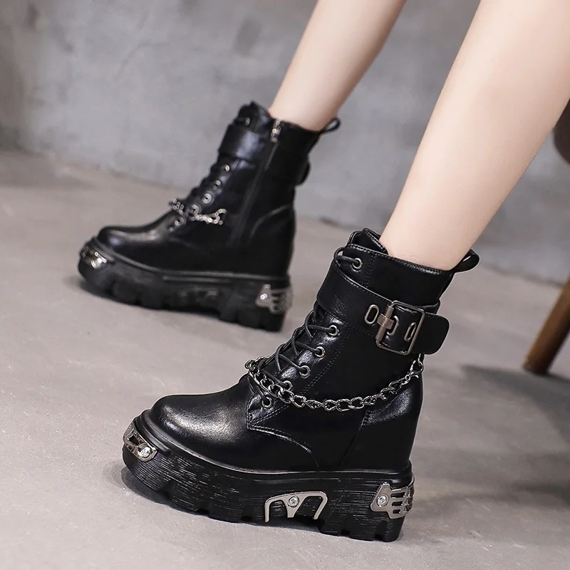 

Shoes on Platform Women's Mid Calf Boots Autumn Heels Wedges for Lolita Gothic Luxury Brand Designer Stripper Studded Ankle 2022