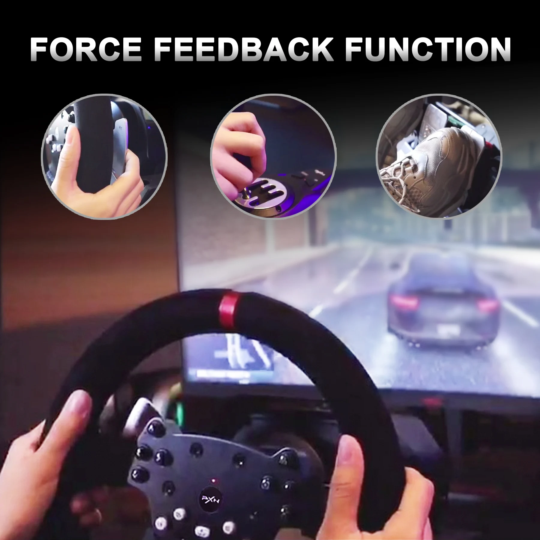 PXN V10 3 IN 1 Force Feedback Racing Wheel Gaming Steering Wheel Volante pc With Hall Magntic Pedals For PC Computer/PS4/XBOX images - 6