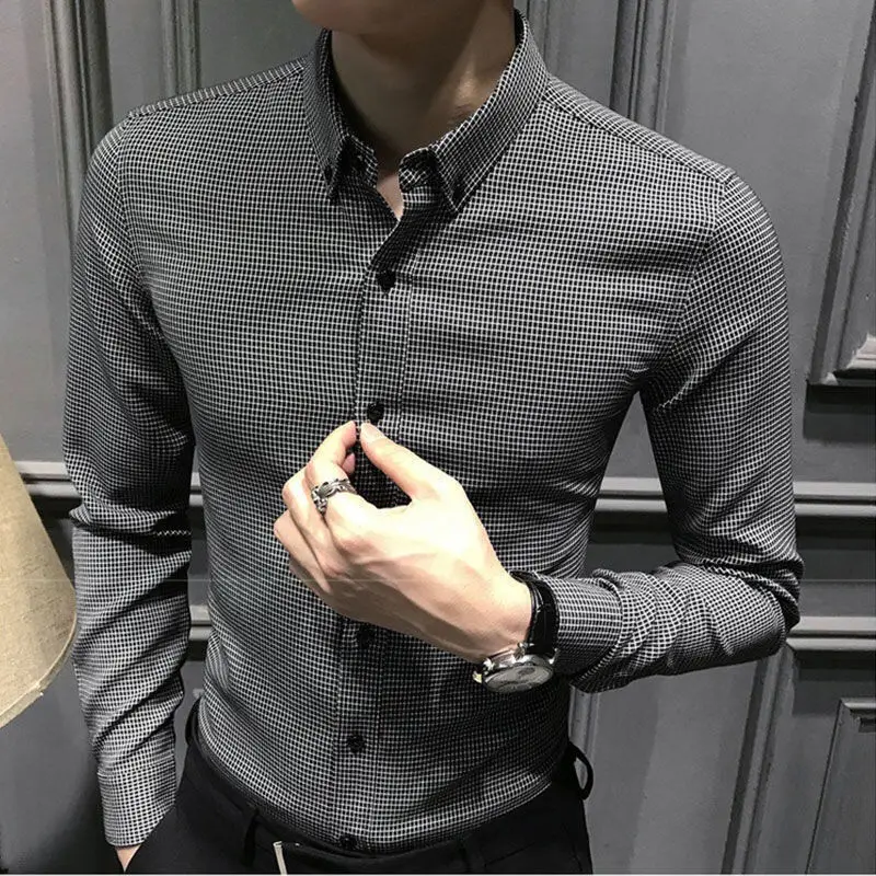 English Plaid Shirt Men's Korean Business Long Sleeve Slim Shirt Fashion Casual Men's Top