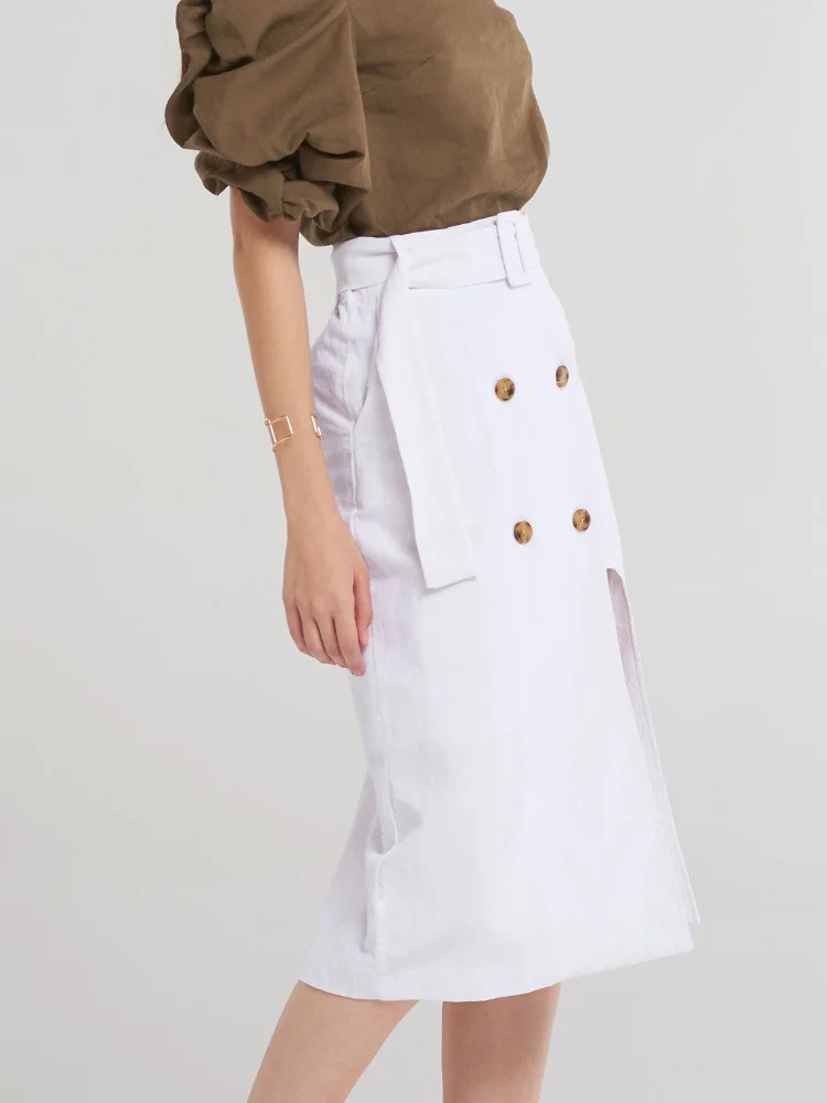 Msfancy Cotton Midi Skirt Women High Waist Button Wrap Jupe Wide Leg Slit Mujer 2022 Elegant White Faldas |