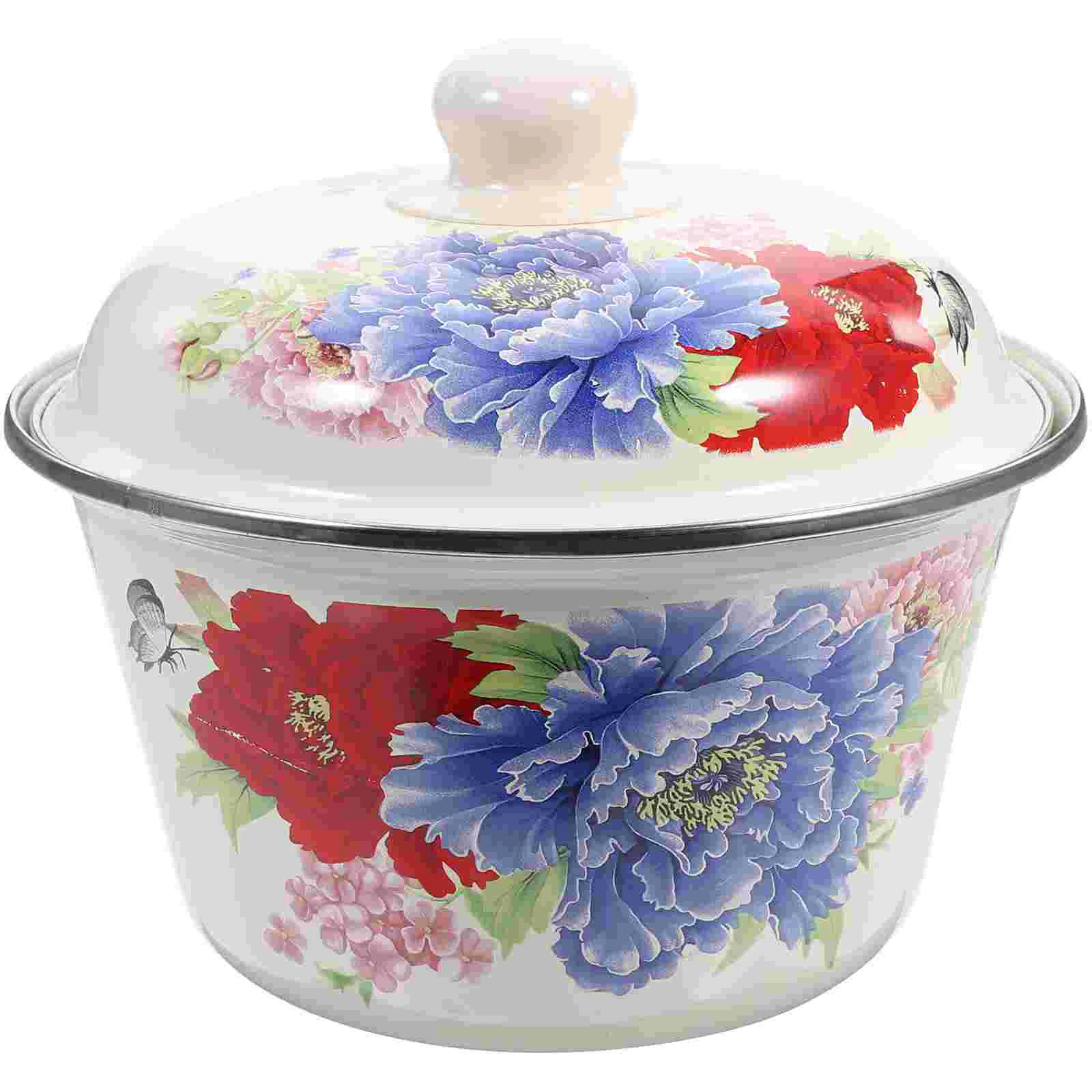 

Food Container Basin Lid Enamel Bowl Simple Retro Style Lard Enameled Kitchen Storage