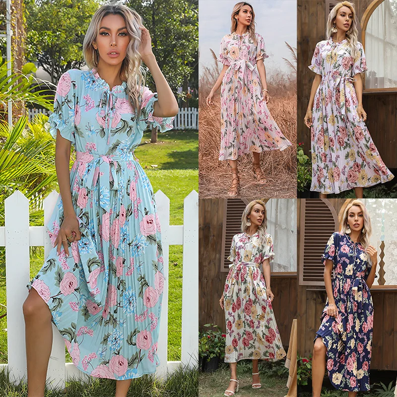 

Женское платье с коротким рукавом и цветочным принтом, модное дизайнерское свободное прямое кружевное длинное платье с круглым вырезом и у...