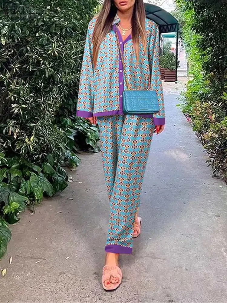 

Women Printed Long Sleeve Blouse and Loose Pants Casual Outfits Loose Streetwear Loungewear Oversized ZANZEA Set Tracksuits