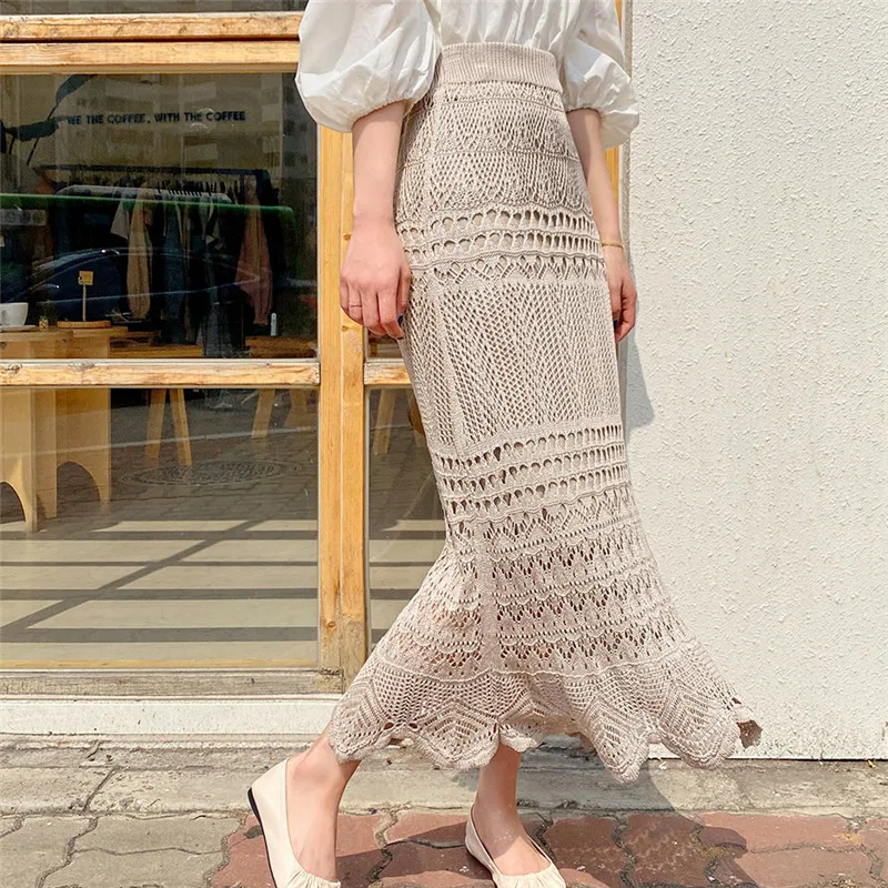 

Women High Waist Sexy Hollow Out Midi Skirts Skirt Fall Summer Wave Knitted Warp Long Skirts Elegant Korean Black Beige Vintage