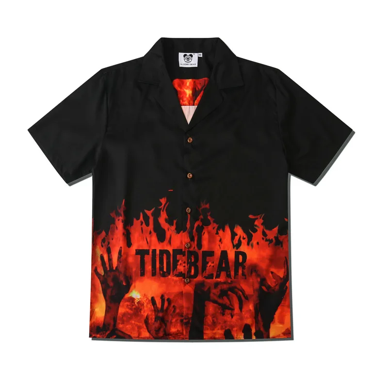 

2023 Summer New Men Flame Print Shirt Lovers Fashion Short Sleeve Cool Thin Shirt Male Hawaiian Beach Harajuku Lapel Shirts