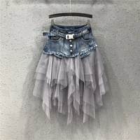2021 new summer denim mesh solid skirts women temperament slim patchwork ruffles high waist a line skirt female korean casual