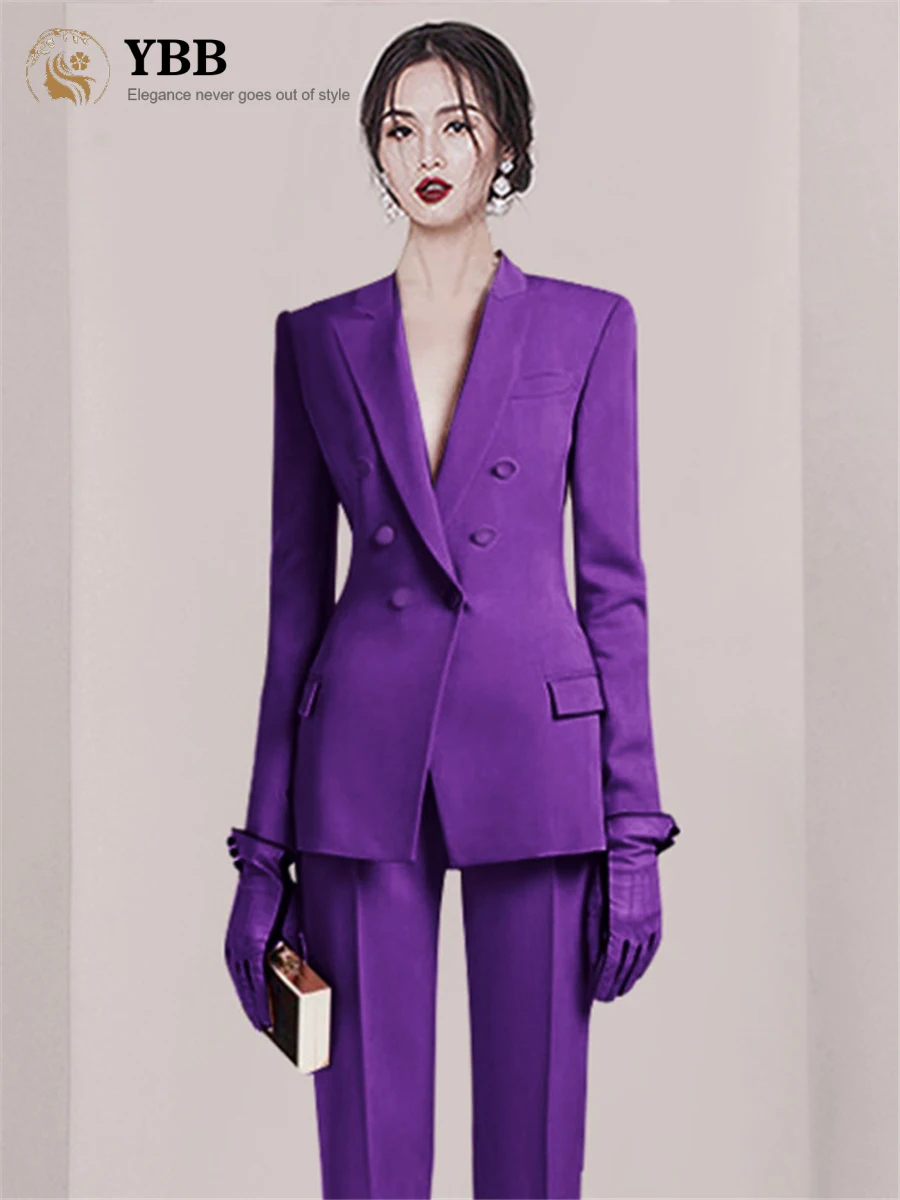 2023 Autumn Winter Woman Suit Slim Waist Long Sleeve Notched Blazer With Straight Pants Purple Office Lady Fashion Suits