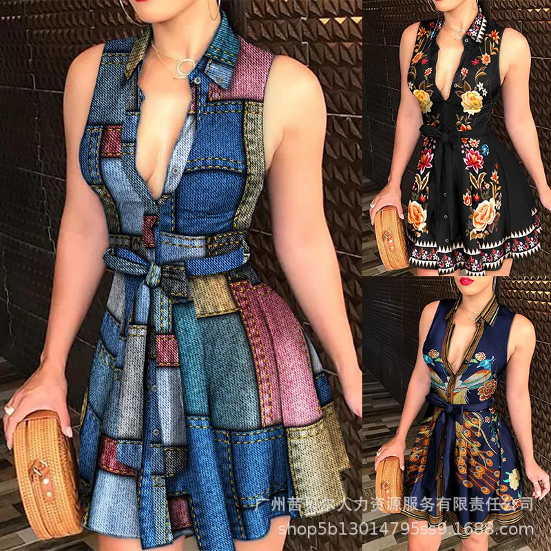 

2023 Внешняя торговля в Европе и сексуальных дам, юбка-рубашка без рукавов с принтом позиционирования на amazon, с поясом