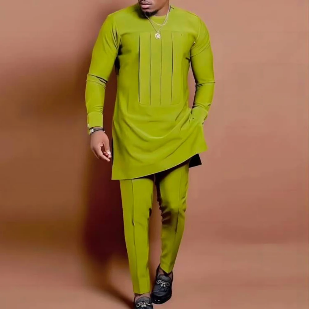 Kaftan Men's Set 2Pieces Summer Long Sleeve Pleated Top Shirt Pants African Casual Ethnic Fashion Men's Suits Outfits tracksuits