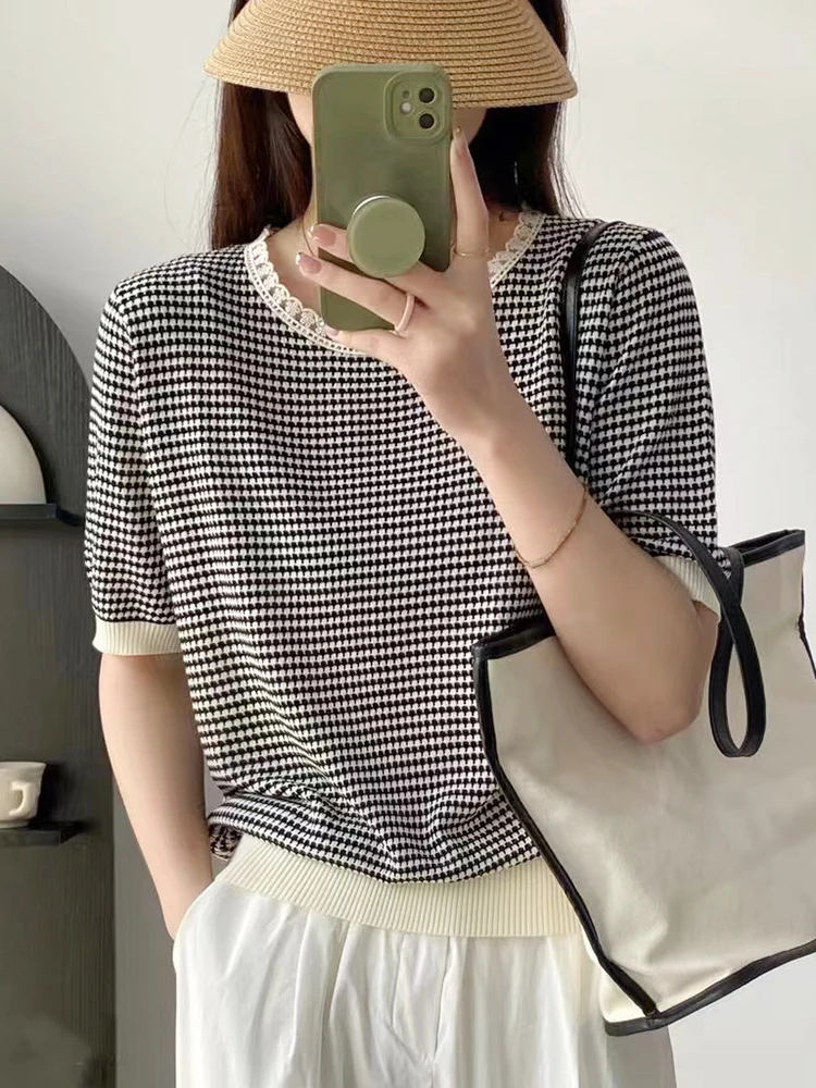 

BOBOKATEER Summer Clothes For Women T-shirt Short Sleeve Woman Tshirts Knitted T Shirt Femme Camiseta Mujer Plaid Dames Kleding