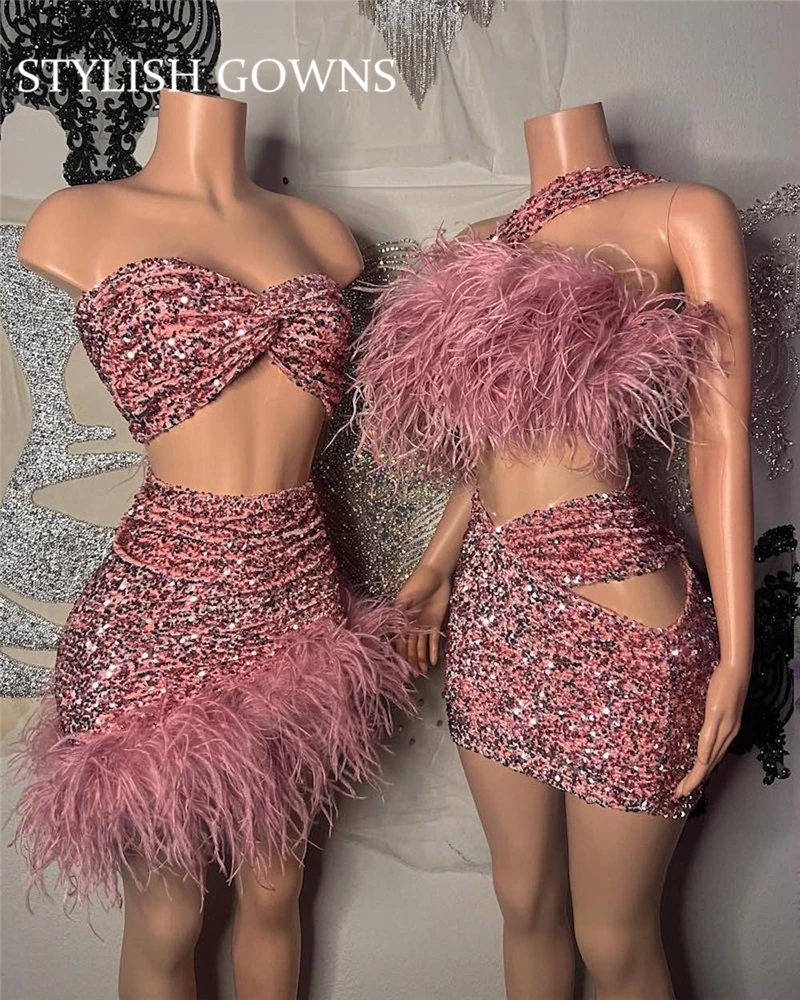 

Sparkly Pink Sequined Short Prom Dresses 2023 Pleats Birthday Party Dress Feathers Graduation Gowns Mini Cocktail Gown Homecomi