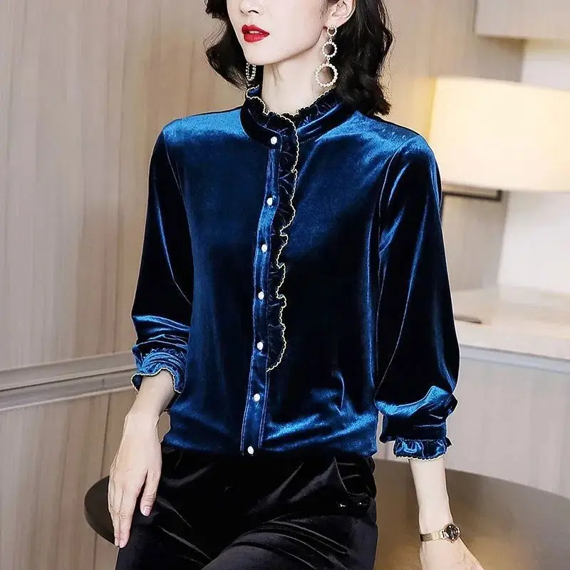 Женская одежда больших размеров золотая бархатная рубашка топы весна-осень