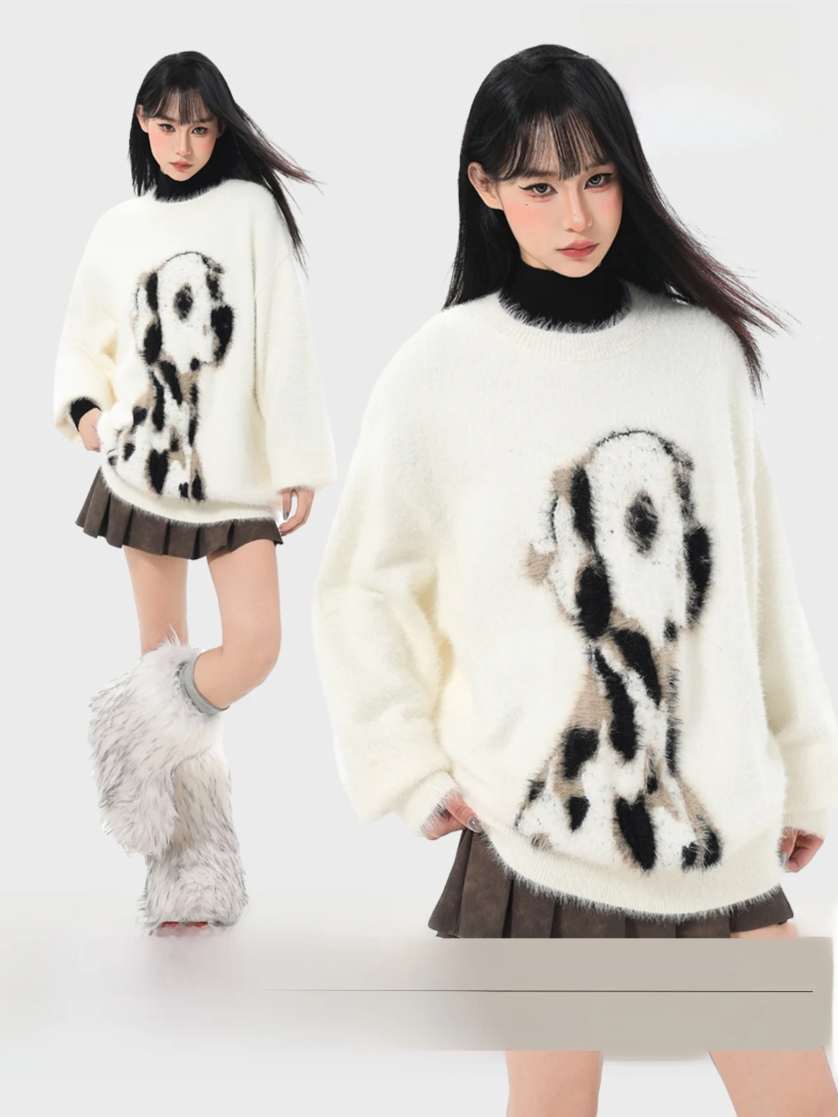 Mink Velvet Spotted Dog Pullover Sweater Women Autumn and Winter Retro Soft Glutinous Idle Sle Fleece-lined Thickened Sea H...