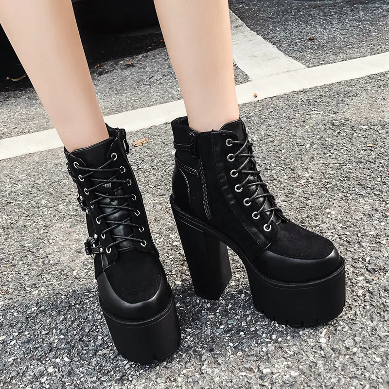 15CM Thick Platform Women's Boots Black Punk Cool High Heels Ankle Boots Lace-up Zipper Motorcycle Boots Winter Shoes Women 42