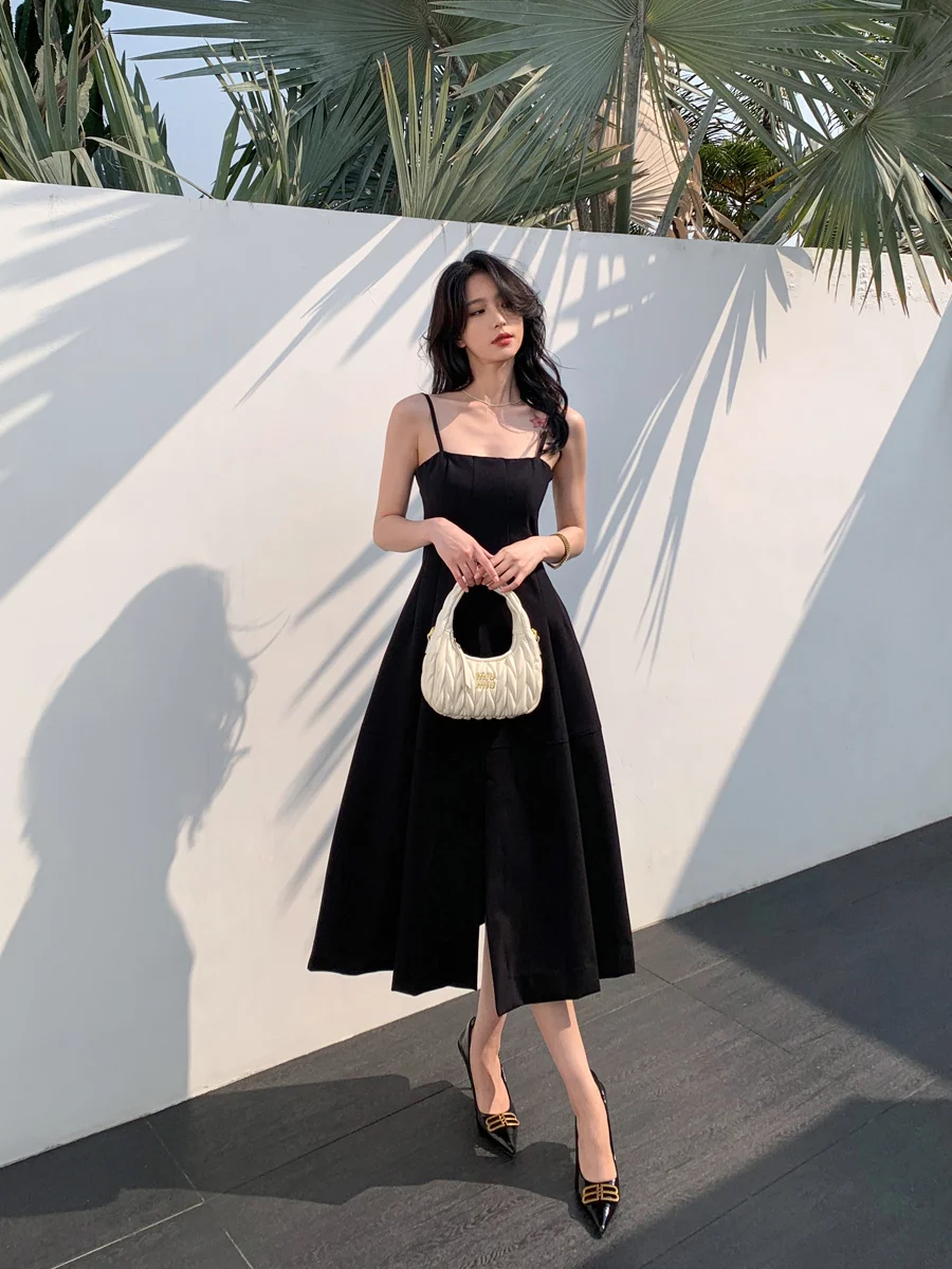 Black superior slimming line neck A-line halter skirt Women's summer high-waisted slim-fit dress