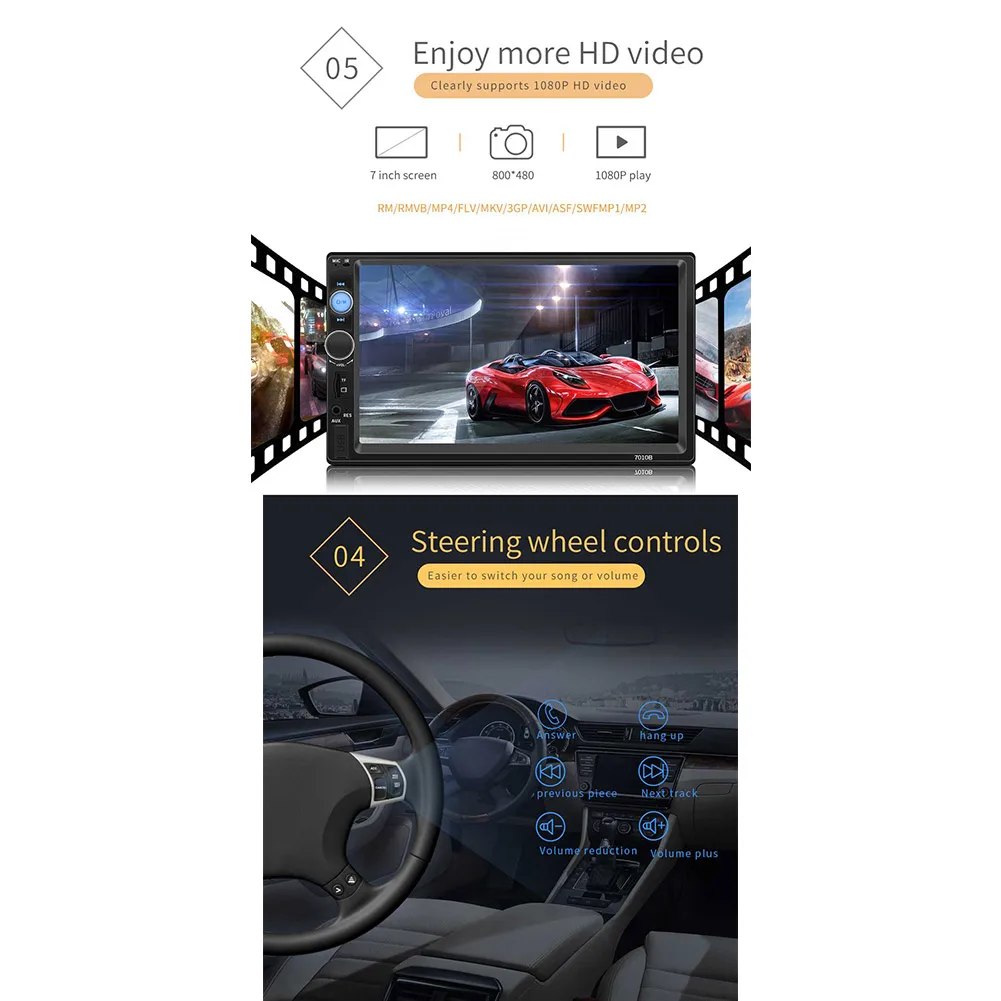 

Car Radio 2 Din HD 7" Touch Screen Stereo Bluetooth FM Aux Input MP5 Player SD USB With / Without Camera 12V