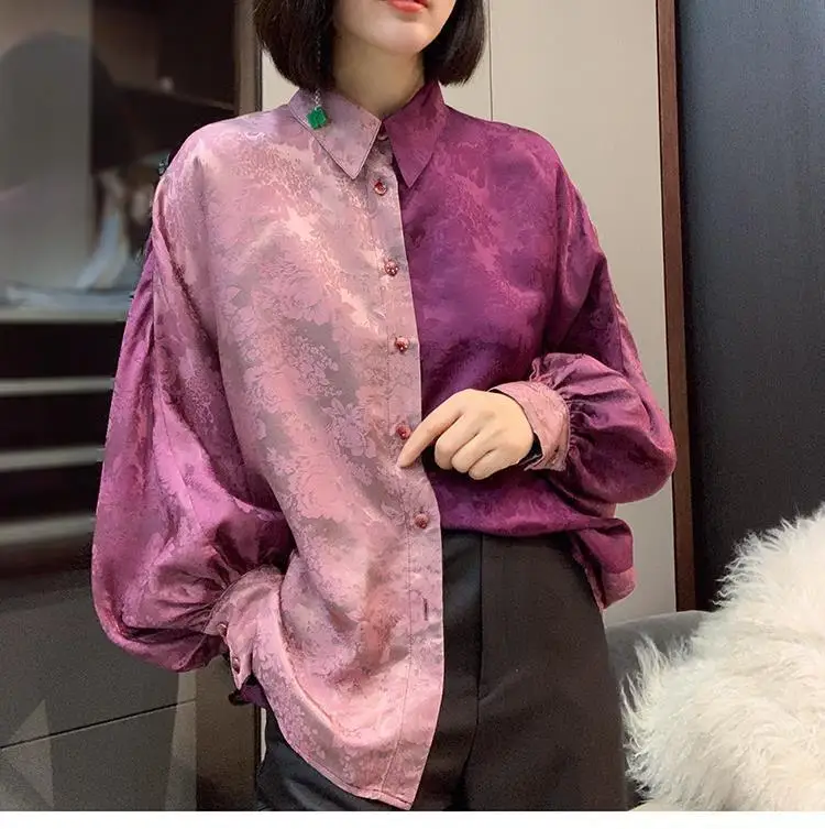 2022 pink and purple gradient double spell silk retro lantern sleeve shirt  spring new double spell shirt  womens shirts