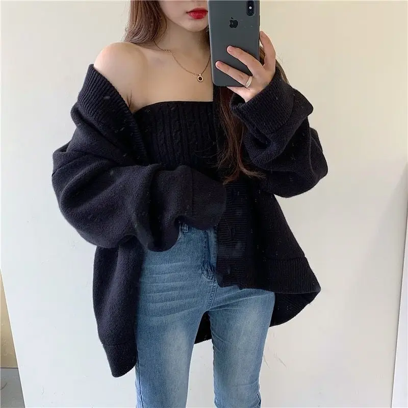Strapless Vest Twists Sweater Korean Fashion Sets Winter Clothes Women V Neck Cardigan Mujer Pull Femme Black Jacket Sueter