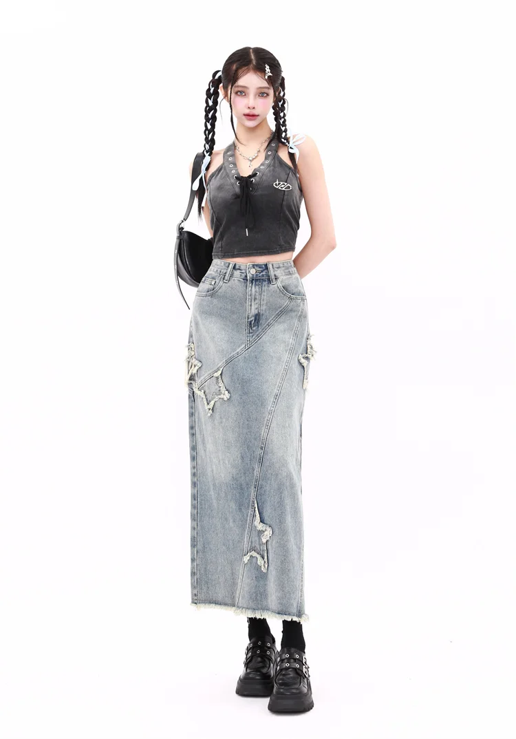 Женская джинсовая юбка трапециевидной формы винтажная элегантная ковбойская в