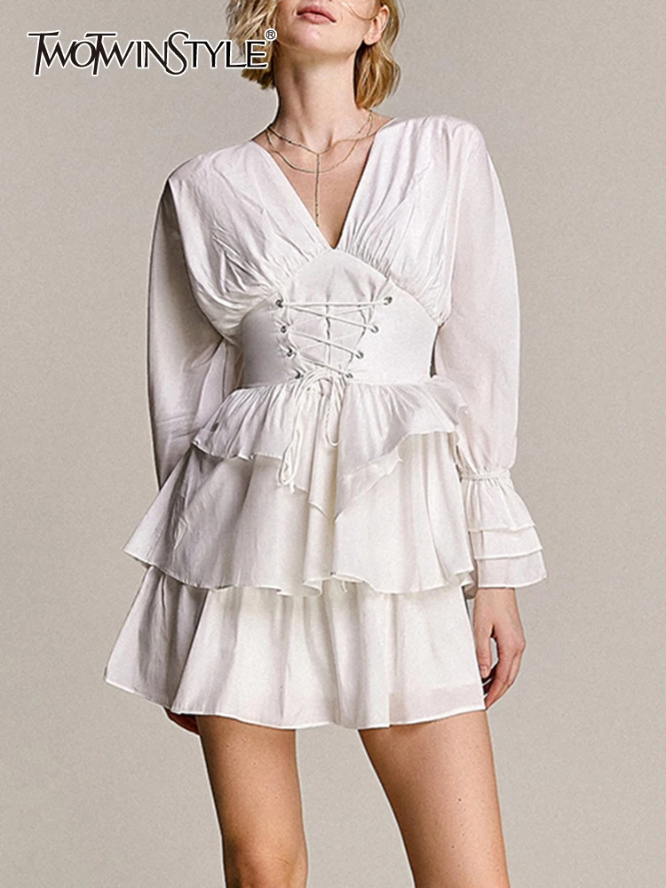 

TWOTWINSTYLE Hit Color Elegant Temperament Dresses For Women V Neck Long Sleeve Patchwork Lace Up Tunic Dress Female Fashion New