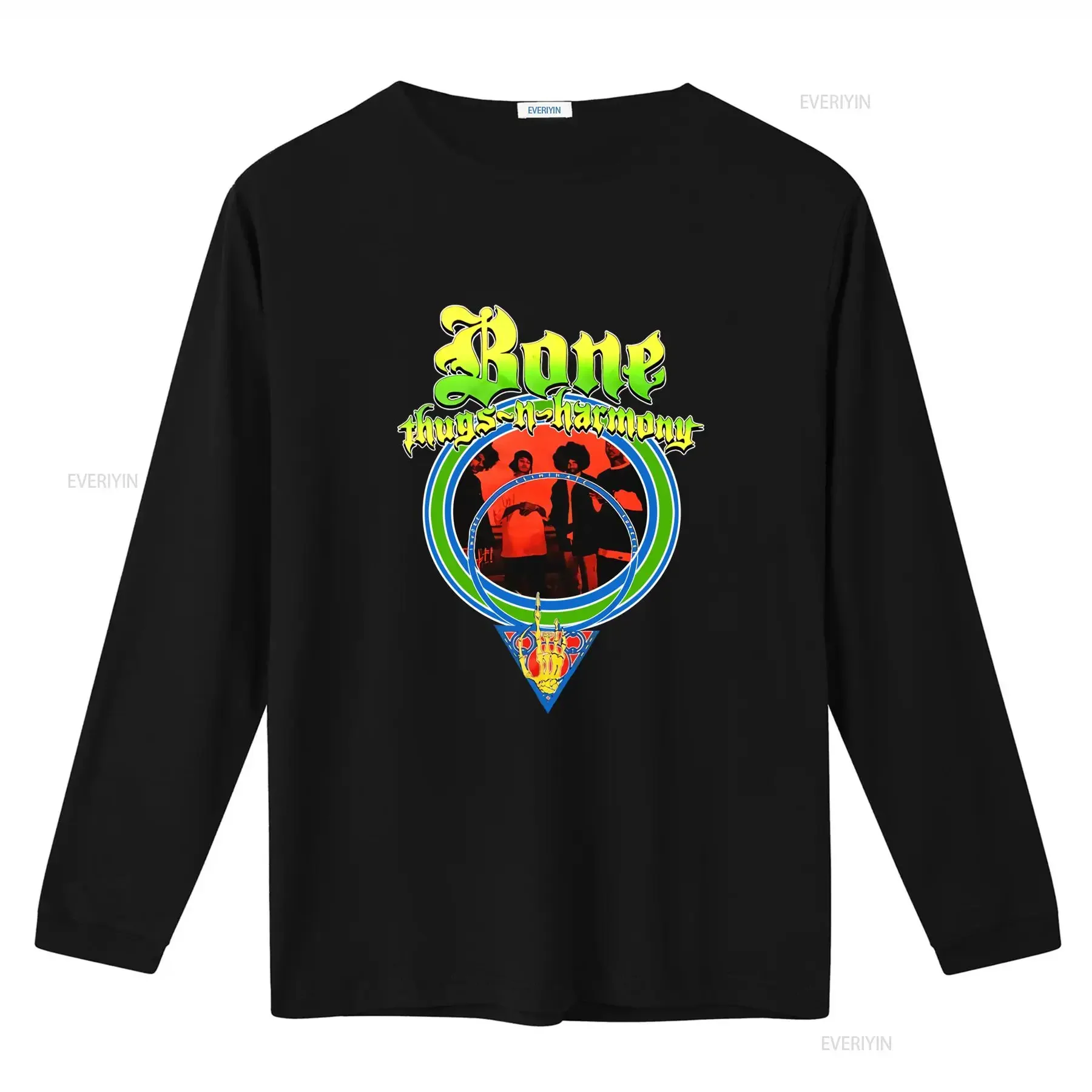 Фото Оригинальная футболка BONE THUGS N HARMONY I E S Slim Fit, черная, с дизайном группы, винтажная, с эффектом потертости, унисекс, стильная, универсальная, мужская, слегка состаренная. №2