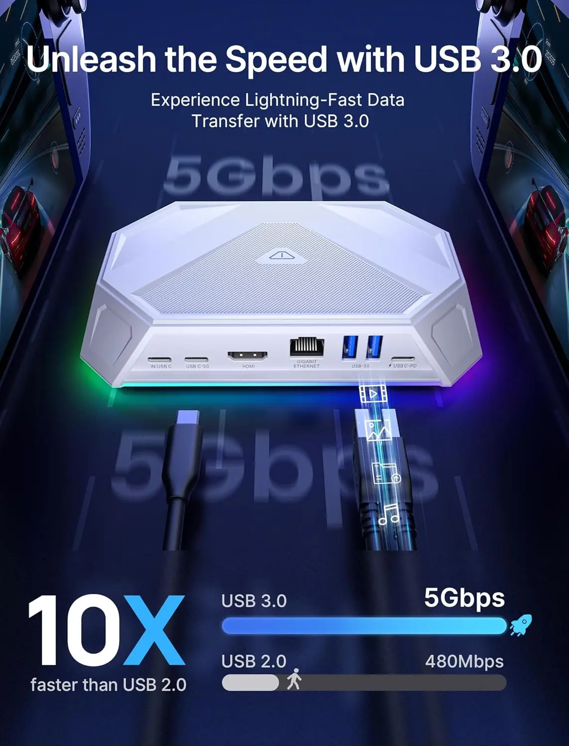 Док-станция RGB для Steam Deck 8 в 1 с HDMI 4K при 60 Гц Gigabit Ethernet зарядкой через USB-C мощностью