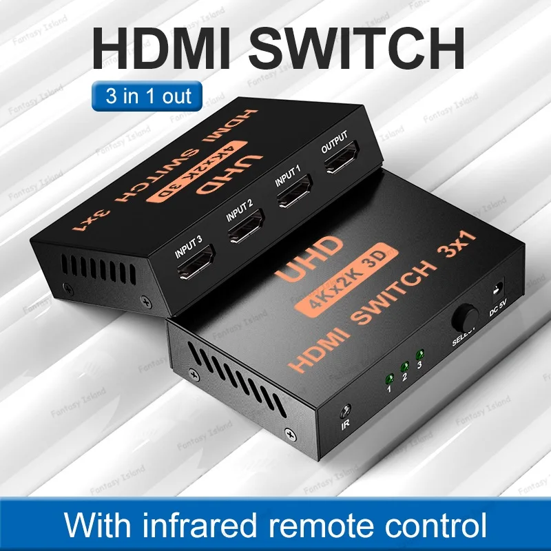 HW-4K3011 HDMI switcher 3 in and 1 out 4K iron box with infrared remote control HD video three in and one out KVM
