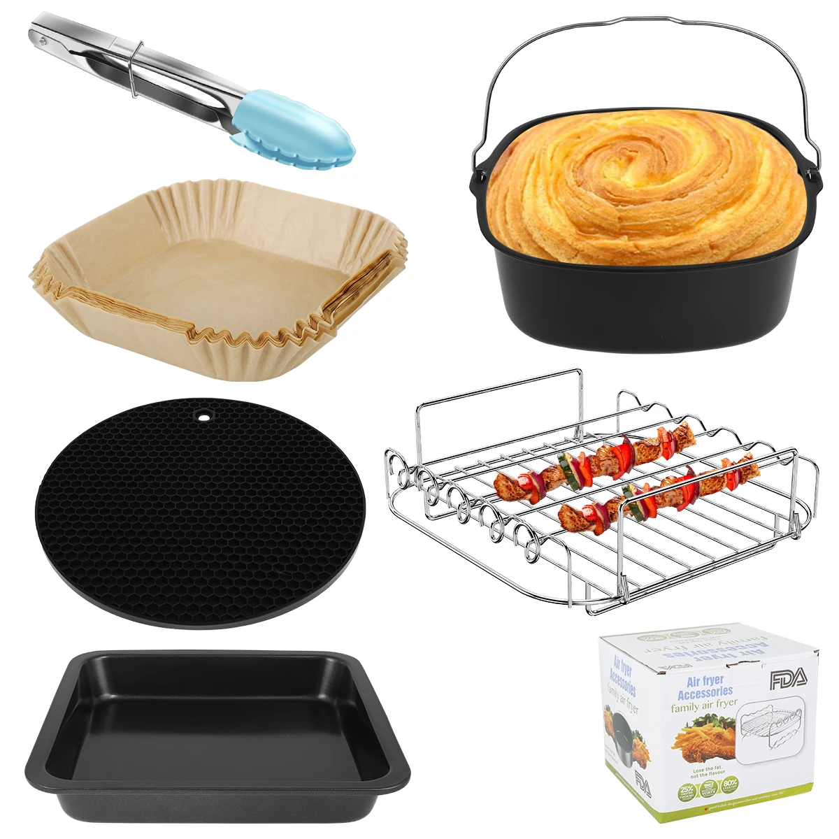 

6 Pcs Air Fryer Accessories Set Reusable Silicone Air Fryer Pads Stainless Steel Skewer Rack and Skewers Non-Stick Coating