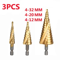 3pcs hss steel spiral step cone drill titanium bit hole 4 122032mm