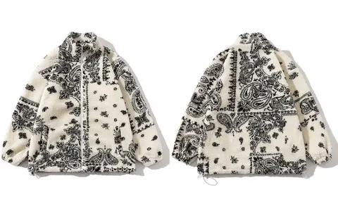 Зимняя флисовая куртка из овечьей шерсти, уличная одежда, хип-хоп, бандана Пейсли, принт, пушистые плюшевые теплые пальто, Осенние повседневные куртки в стиле Харадзюку