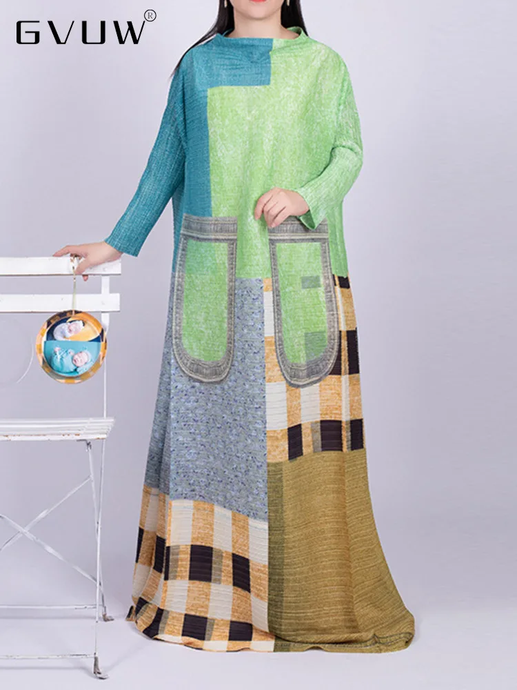 

Плиссированное Платье GVUW с цветными блоками, новинка весны 2023, свободная повседневная женская модная одежда с геометрическим принтом и дли...