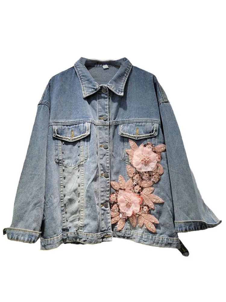 Женская джинсовая куртка DEAT с длинным рукавом и отложным воротником 3D заклепками