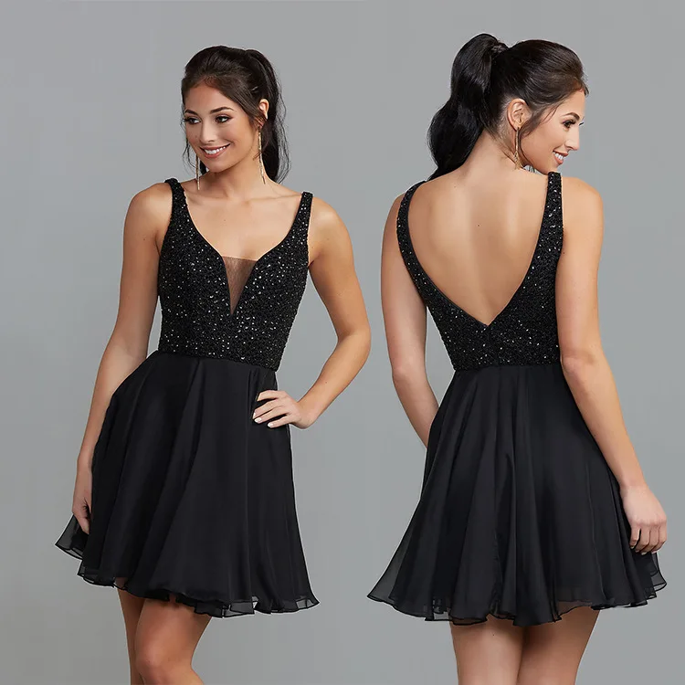 

2022 New Women's Short Skirt Fashion Chiffon Black Temperament Sexy Suspenders Sequin Dress Dress