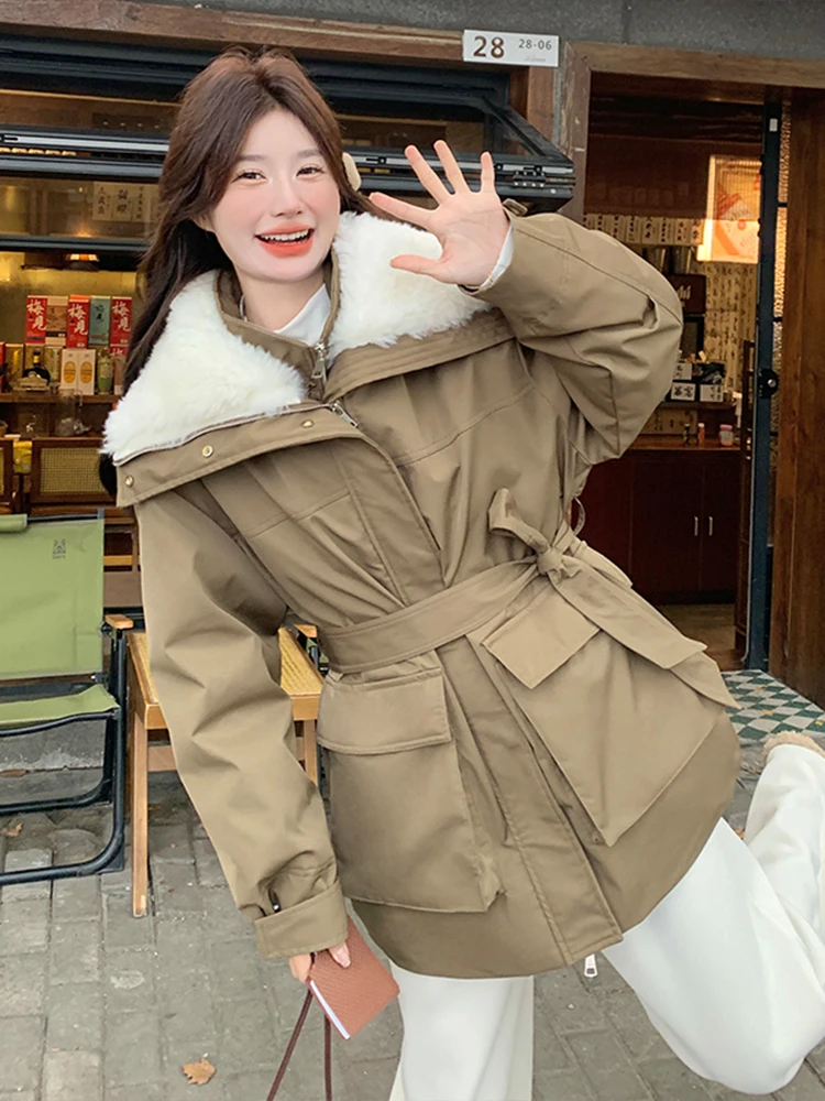 Lamb Wool Large Lapel Cargo Parker Down jacket Mid-Length Women 2024 Winter Korean Sle Loose Waist Hugging Thickened Outerwear