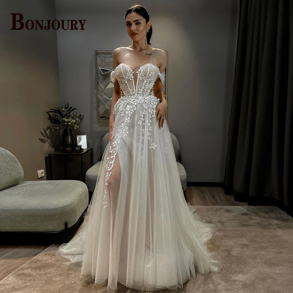 

BONJOURY Modish Slit Wedding Dresses For Woman 2024 Bride Off Shoulder Sweetheart A-line Appliques Robe De Mariée Custom Made