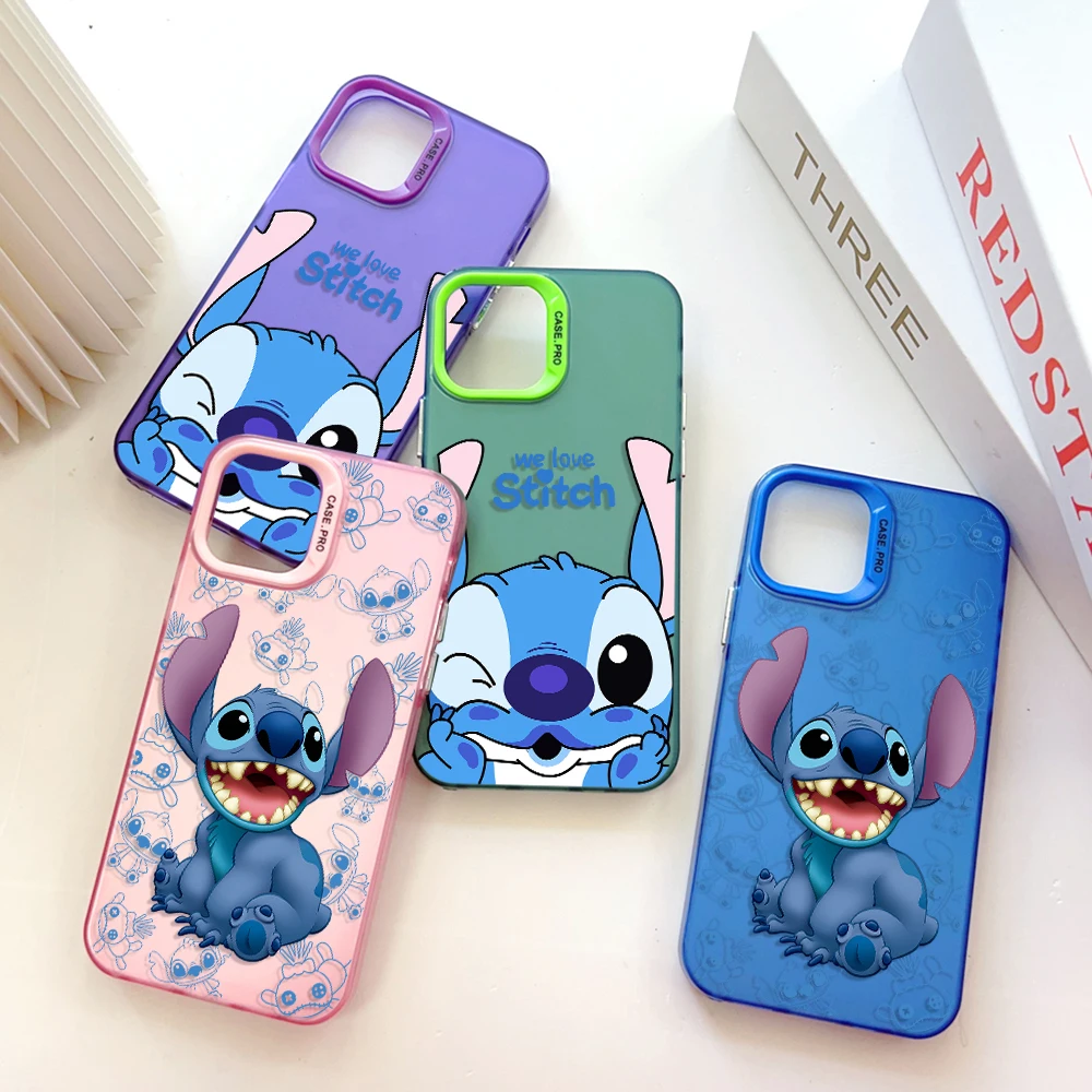 

Cartoon Stitch Boys Phone Case for IPhone 13 12 11 15 14 Pro Max Plus Lens Creative Border Silver Plated Inside Hard TPU Cover
